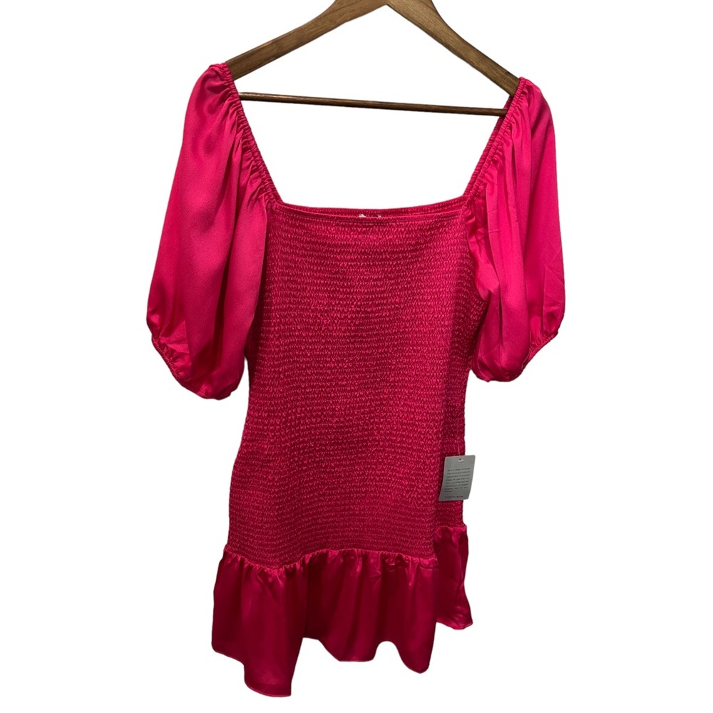 NSR HOT PINK SMOCKED STRETCHY DRESS WITH BALOON SHORT SLEEVES - Picture 2 of 13